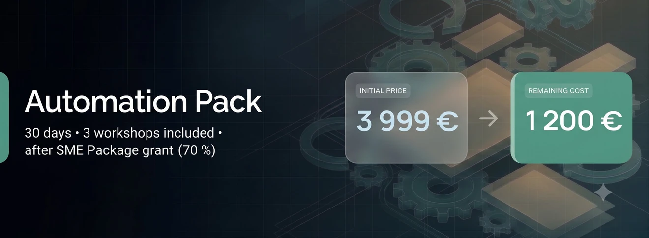 Automation Pack: €3,999, your share €1,200 — 30 days, 3 workshops included, after SME Package funding (70 %).