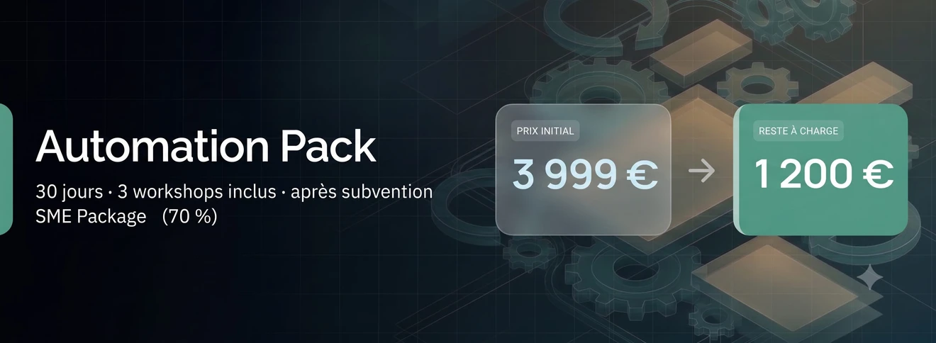 Automation Pack : 3 999 €, reste à charge 1 200 € — 30 jours, 3 workshops inclus, après subvention SME Package (70 %).
